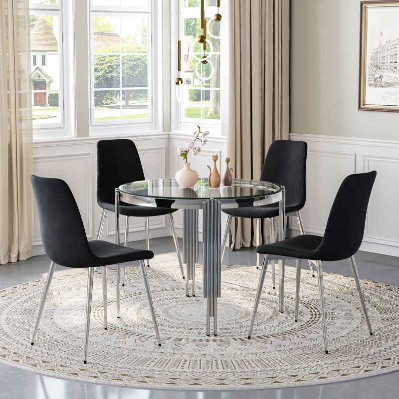 Round Glass Dining Table Set For 4, Modern Irregular Stainless Steel Table With Velvet Cushioned Chairs, Black/Silver