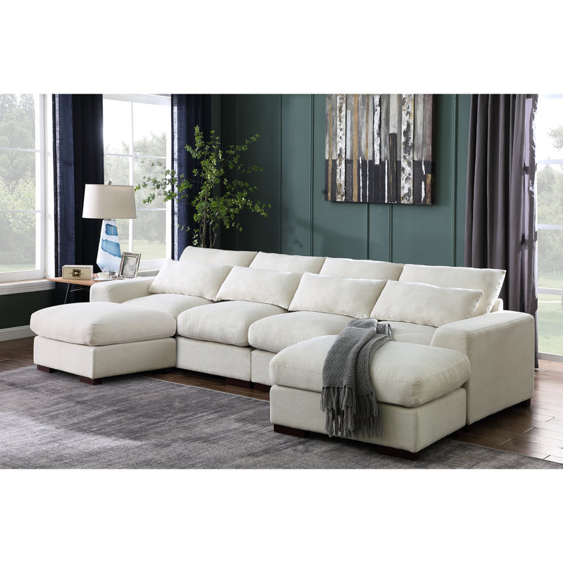 Canapé modulaire modulaire en mélange de lin avec repose-pieds - 2 coussins moelleux fonctionnels et élégants, Beige