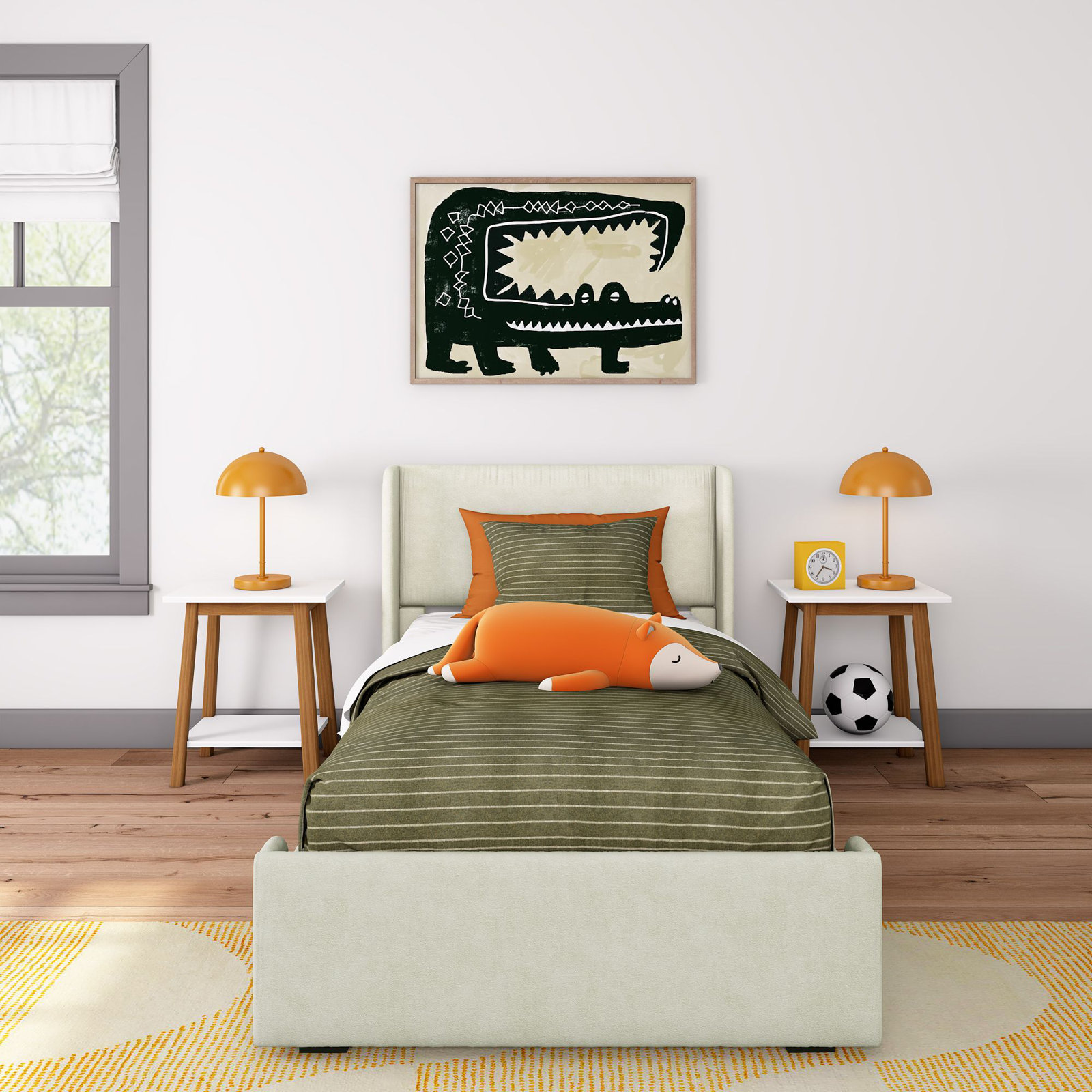 Solid Wood Upholstered Panel Bed, Twin, Cream