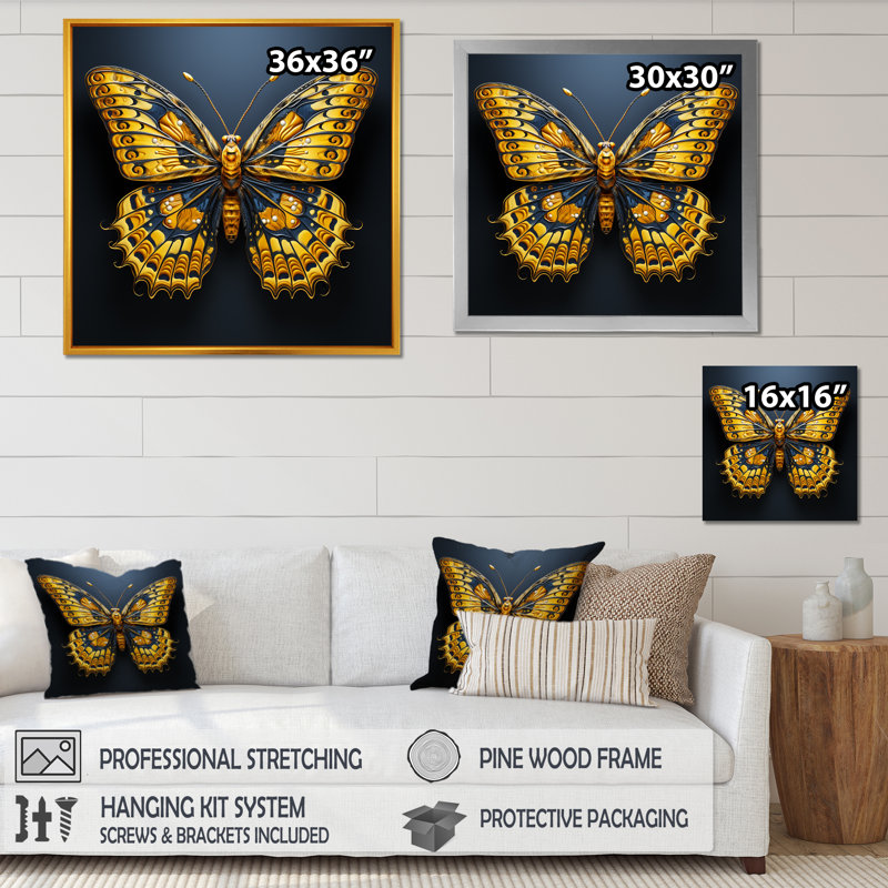 «Lemon Yellow Tones» représentant des papillons sur toile, Cadre flottant blanc, H 24 po x l 24 po