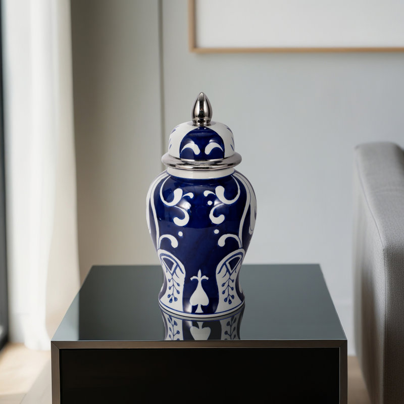 Patterned Eclectic Temple Jar with Lid, Blue Silver