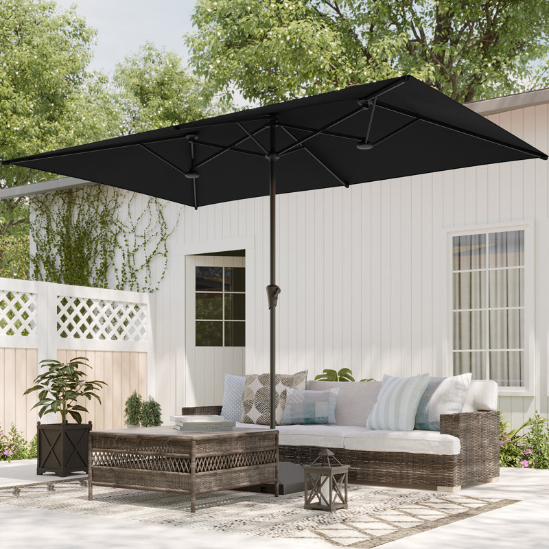 Parasols de table de patio à double face avec auvent résistant aux rayons UV et manivelle, Noir, noir, noir, noir