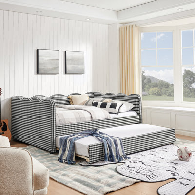 Lit de jour double en vichy double avec couchette simple sans sommier, avec port USB et adorable tissu en forme de vague