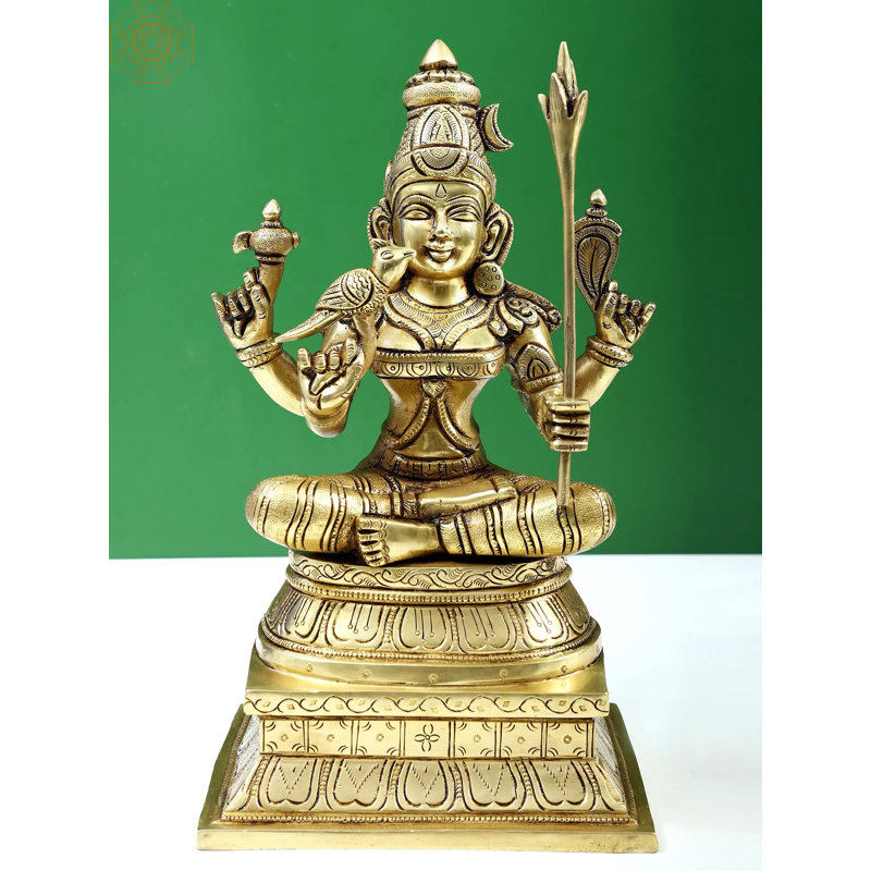 Statue de la déesse en laiton 12 po Rajarajeshwari 12 po - Posée à la main sur fond de lotus avec aureole Divine Aureole