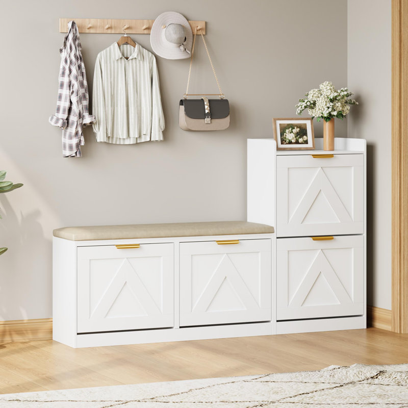 Range-chaussures avec banc, 4 tiroirs rabattables, siège réglable gauche / droite et tablettes amovibles, Blanc