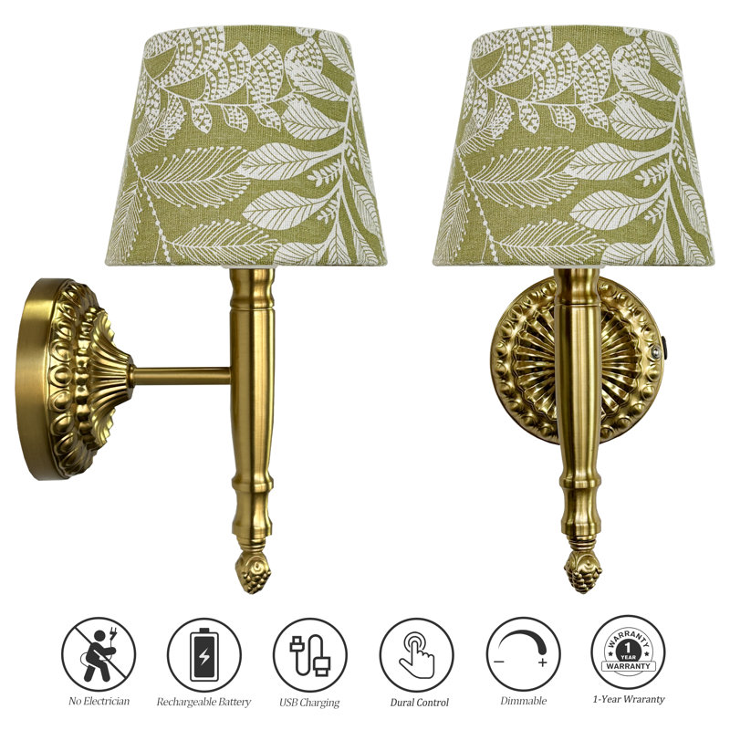 Ensemble de 2 appliques murales à pile à intensité variable sans fil avec abat-jour en tissu vert floral et télécommande (ensemble de 2)