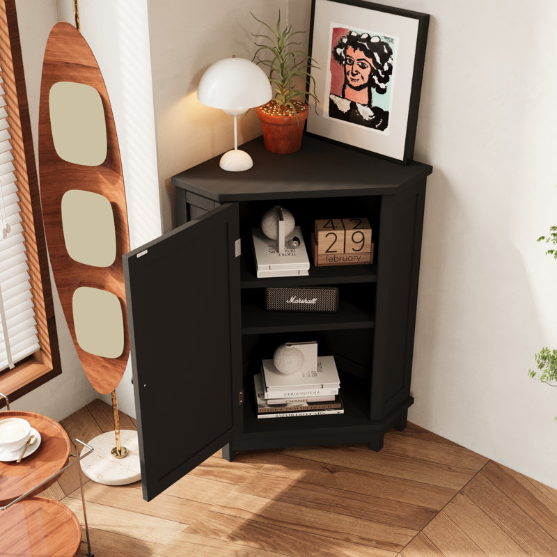 Modern Triangle Corner Storage Cabinet With Adjustable Shelves, Black