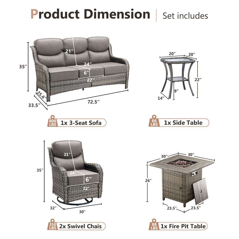Patio Resin Wicker Furniture Set With Fire Pit Table, PE Rattan Swivel Patio Chairs With Propane Fire Pit Table, Brown Wicker 5Pcs Patio Conversation Set