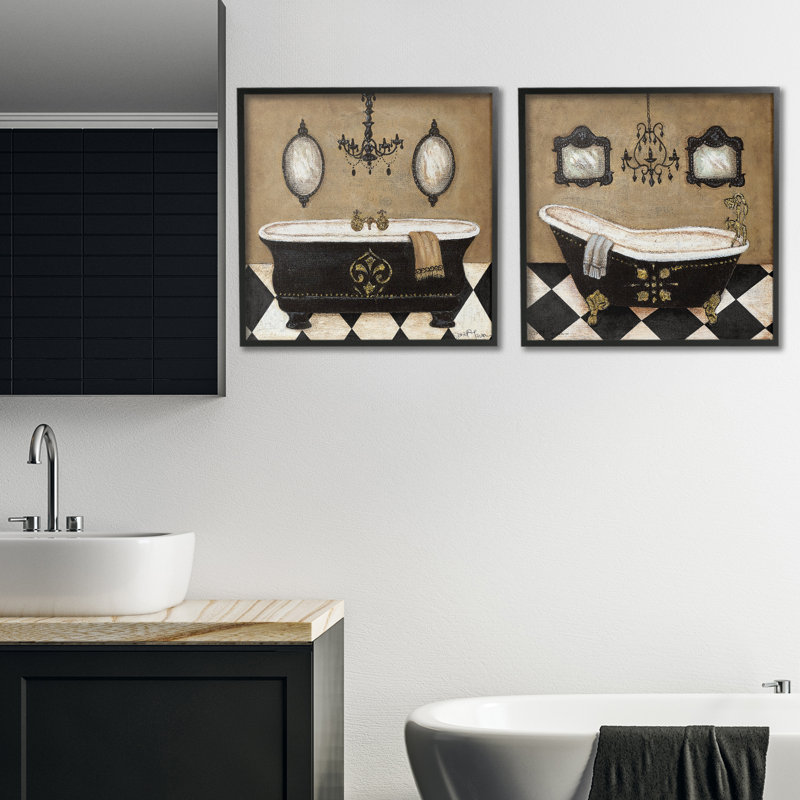 Ensemble de 2 giclées encadrées élégantes pour salle de bain avec lustres, design par Janet Tava, H 17 po x l 17 po