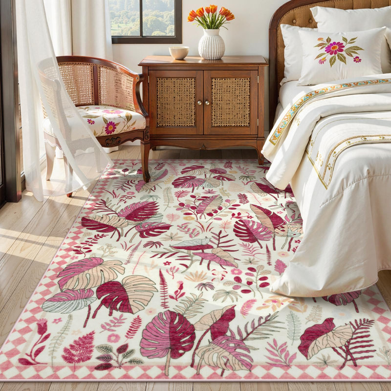  Washable Living Room Rugs Botanical Rugs for Bedroom Girls Non Slip Rug for Living Room, Rectangle 5' x 7'