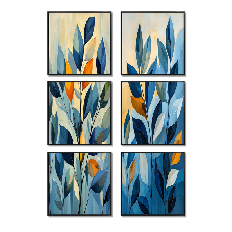 Feuilles Mid-Century bleues et orange - Minimalisme, ensemble de 6 impressions sur toile, Noir