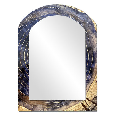 Géode aqua et glissade en bois Spiral IV - miroir décoratif à arche de cristaux, miroir mural asymétrique traditionnel, impression d'art en métal