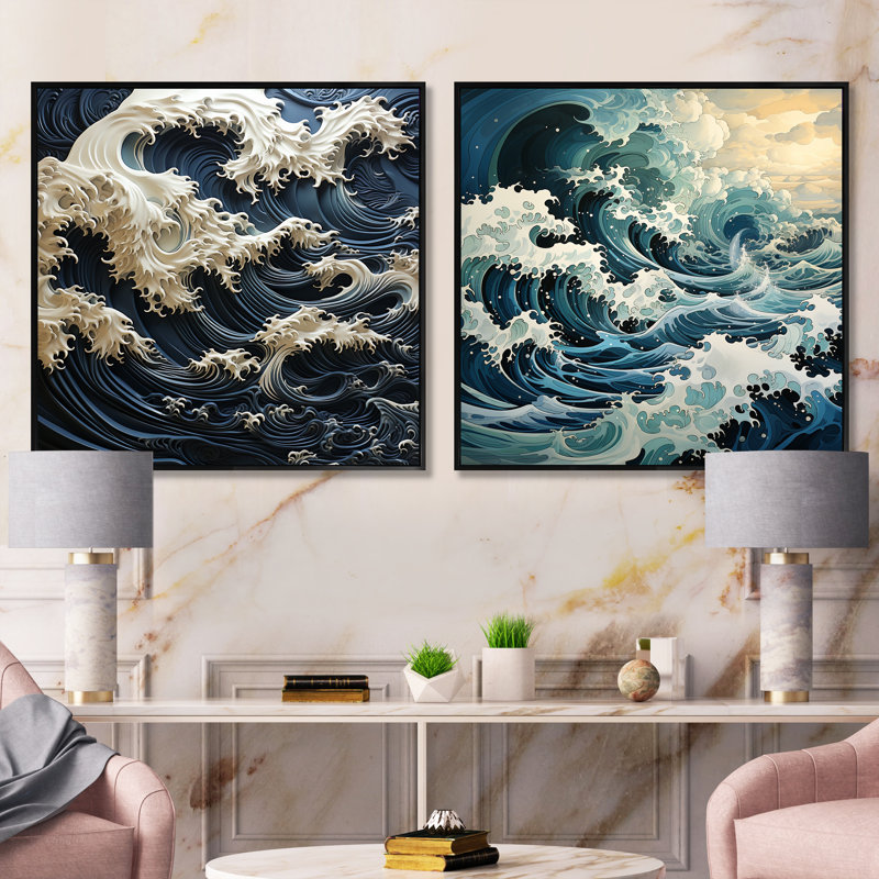 Abstrait bleu et blanc, tempête océanique - ensemble de 2 collages carrés côtiers, H 16 po x l 33 po, Cadre flottant noir