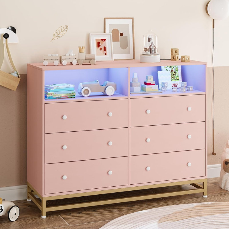 Commode moderne à 8 tiroirs et meuble télé avec éclairage à DEL RVB et prise de courant intégrée, Rose