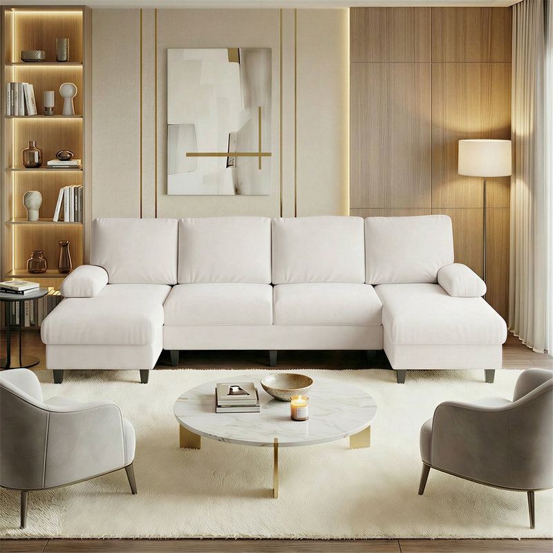 Canapé modulaire en forme de U de 110 po, canapé 4 places Cloud Velvet Ice avec méridienne double, beige, Beige