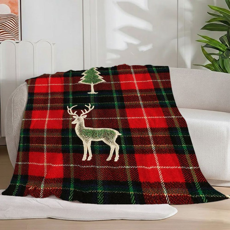 1pc couverture en flanelle à carreaux doux décor de Noël cerfs blancs et pins douces vibrations de vacances pour canapé / lit / voyage 30 * 40