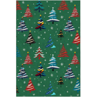 Runner Rug, Washable Rug for Home Decor, Indoor Non Slip Carpet, Soft Low Pile Christmas Rugs with Xmas Tree Motif for Kitchen, Entryway, Living Room, Bedroom