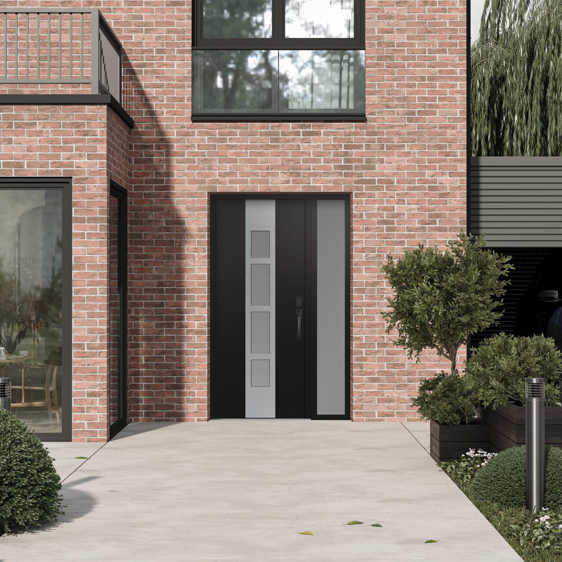 Porte d'entrée pré-suspendue en acier argenté avec panneau latéral Diamond A10, L 53,25 po x H 81,69 po, Noir / blanc / givré