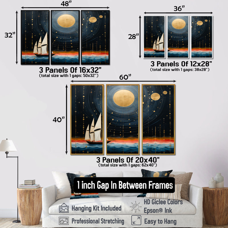 Voilier guidé par Dieu, pleine lune, océan, tranquillité - ensemble d'art mural paysage abstrait, Cadre flottant noir