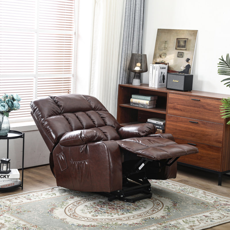 Big Man Recliner in 26-inch Seat Width, Large Power Lift Chair with Heated Massage & Cup Holder, Brown Faux Leather
