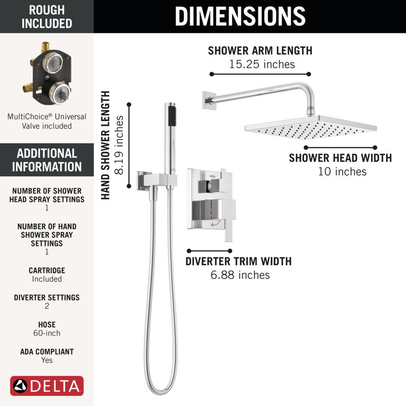 Ensemble de robinet de douche à pluie carrée Modern 14 Series, ensemble de pomme de douche et poignée chromées, ensemble de garniture de valve, 10 pouces, chrome