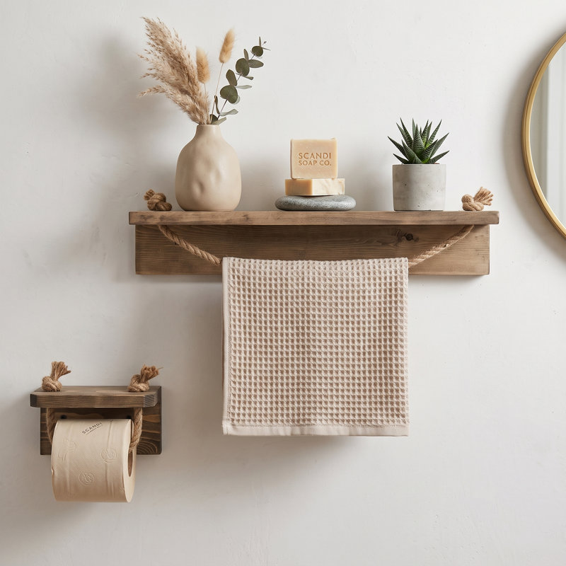 Aveline 2-Piece Handmade Solid Spruce Wood Floating Wall Shelf & Toilet Paper Holder Set