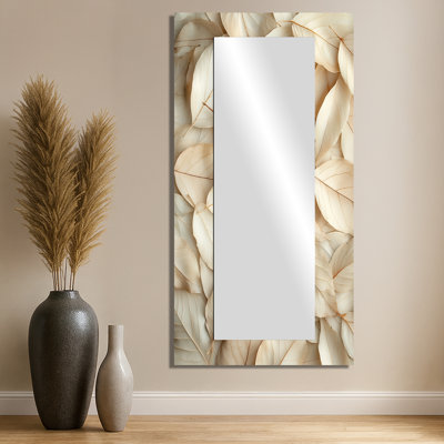 Cream White Almond Leaves - Leaves  Large Wall Mirror Art - Printed On Metal