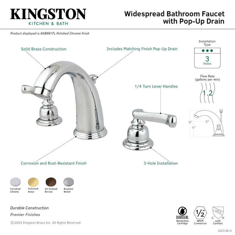 Robinet de salle de bain espacé Kingston, Laiton poli
