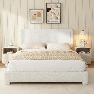 Boucle Bed Frame, Upholstered Cloud Bed Frame, Platform Bed Frame With Headboard, Modern Cream Bed Frame