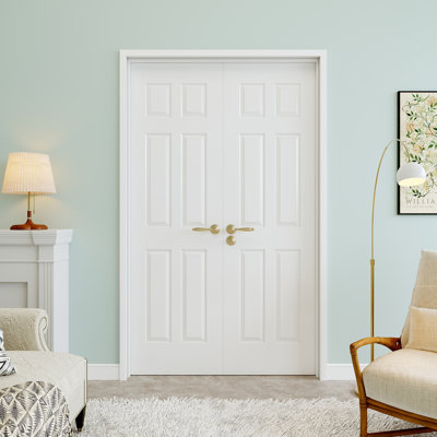 Portes doubles intérieures à 6 panneaux moulés de 48 po x 80 po, remplacement de dalle de porte française, finition blanche et peinturable, durable et imperméable, combinaison pour porte de garde-manger, porte de buanderie, porte de placard, porte de pièce, porte de bureau personnel