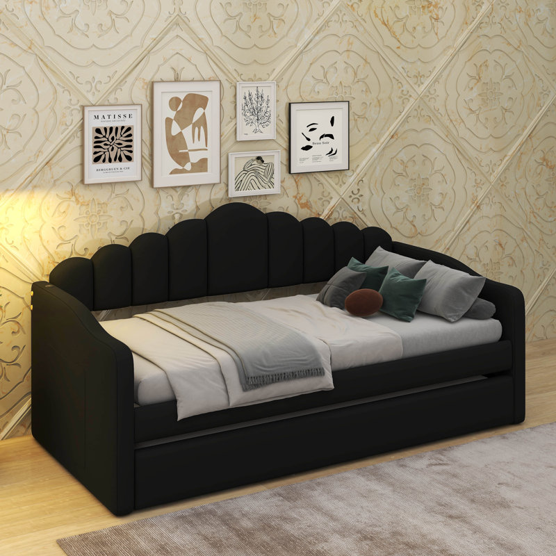 Lit de jour simple tapissier avec couchette, canapé-lit en velours avec ports USB, Noir
