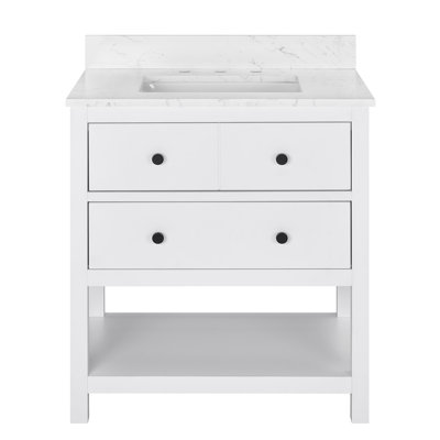 Encino 30" Single Vanity with Carrara White Quartz Top, Sink & Backsplash, Pre Assembled
