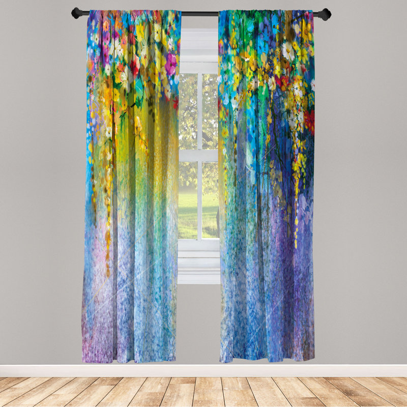 Microfiber Floral Semi-Sheer Rod Pocket Curtain Panels, 28" W x 95" L, Blue/Yellow