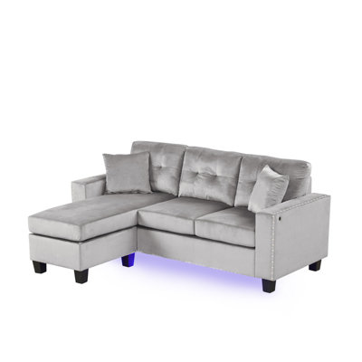 74"W Gray Velvet Reversible Sectional Sofa Chaise With LED Light, USB Port, Nailhead Trim, Throw Pillows, Tufted Cushion