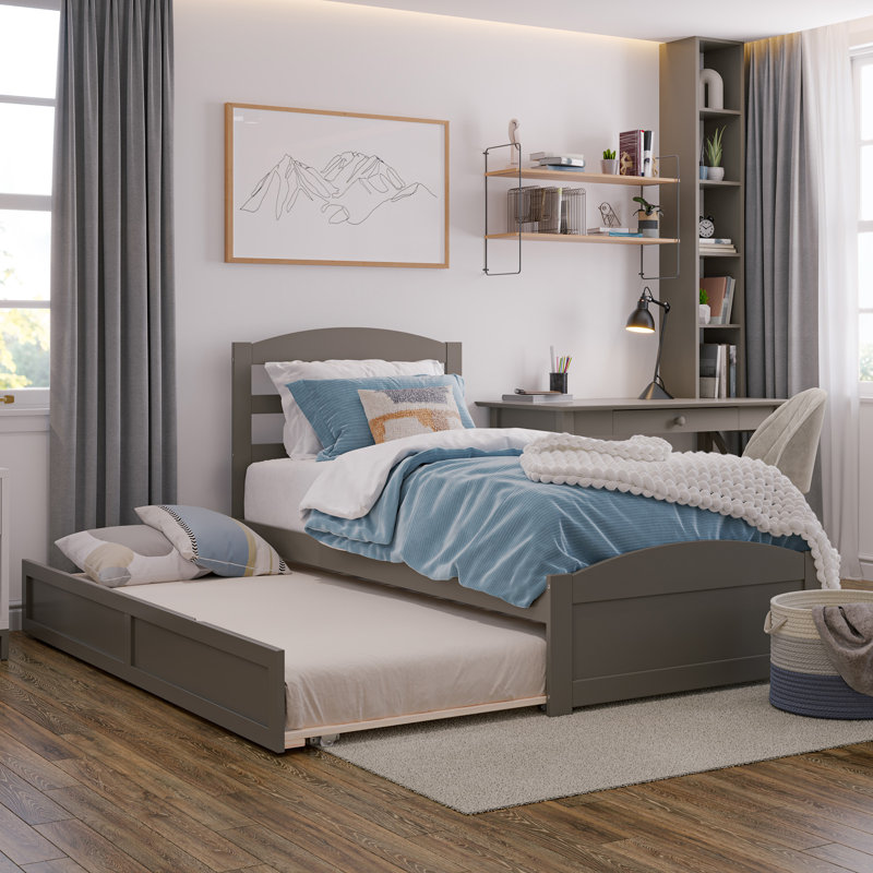 Elliana Solid Wood Platform Bed with Footboard & Trundle, Gray, Twin