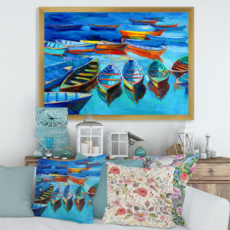 Petits bateaux dans le port - peinture sur toile, Cadre doré, H 16 po x l 32 po x p 1 po