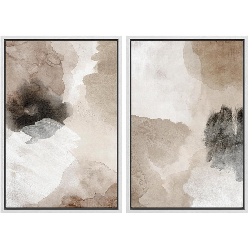 Grunge Abstract Paint Stroke Effect "Tan Brown Abstract Artwork, Modern Neutral Minimal Wall Pictures, Framed Canvas Giclée Print 2 Pieces Wall Art" 16x24x2 pcs, 24x36x2 pcs