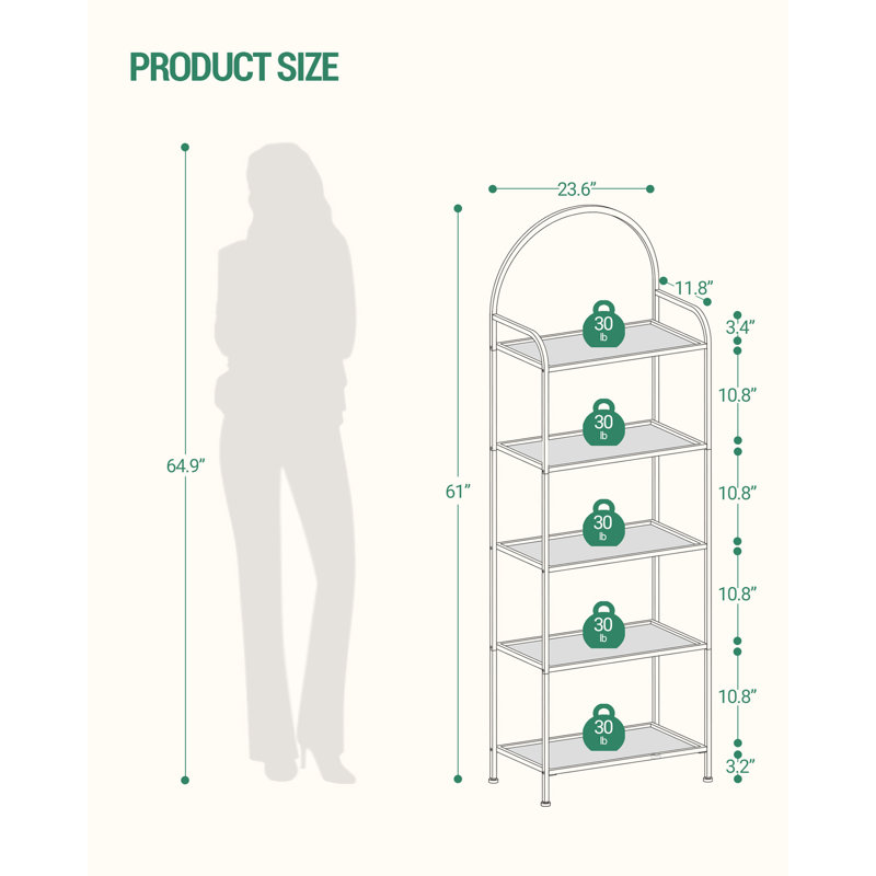 Bookcase Bookshelf, Tempered Glass Bookshelves, Slim Shelving Unit for Bedroom, Bathroom, Home Office, Steel Frame, 5 Tier Gold
