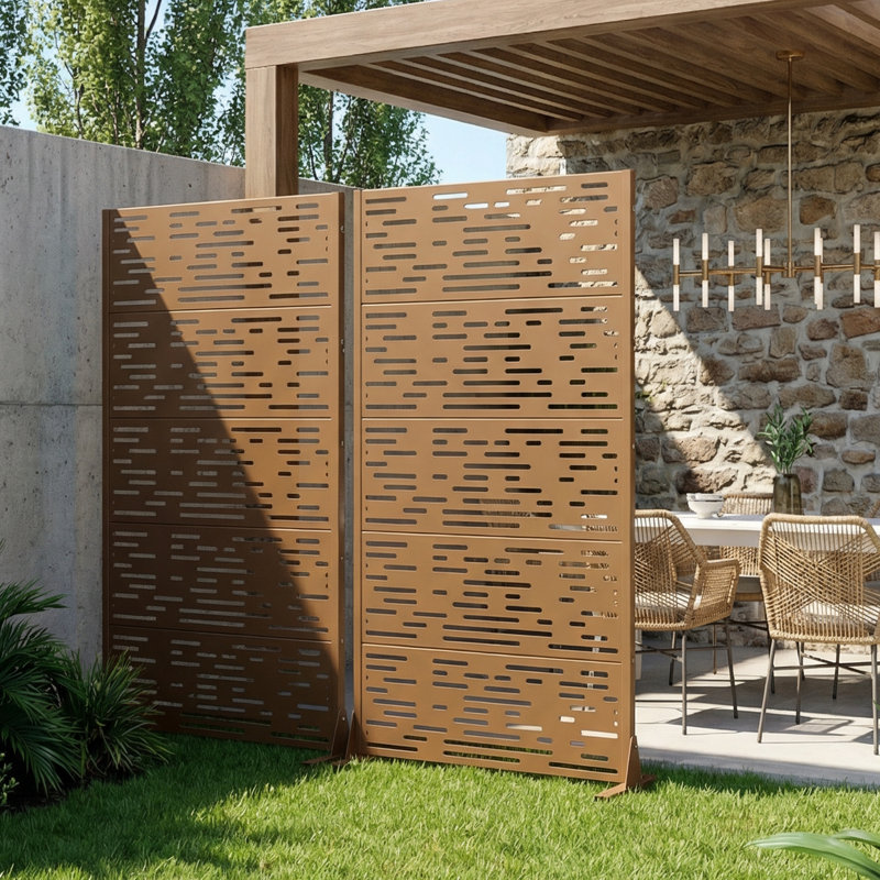 Panneau de clôture en métal pour l'extérieur, Brun, 72" H x 70" W x 16" D
