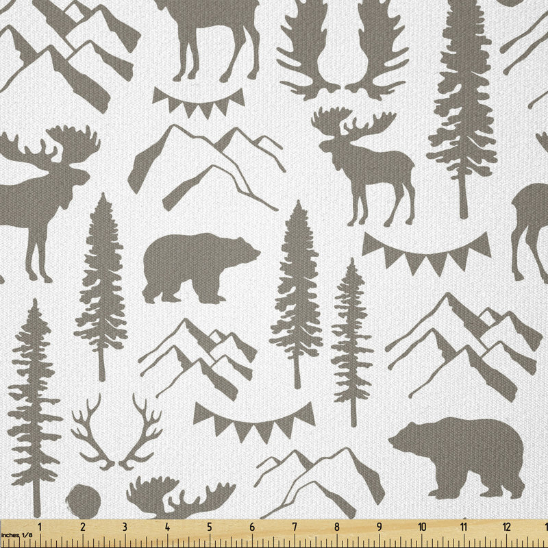 Cuauhtemoc Northwoods Forest Elements with Bear Moose Trees and Mountains Multi-Purpose Fabric