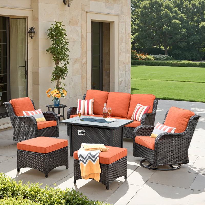 Guillen 5 - Person Wicker/Rattan Fire Pit Seating Group With Swivel Chairs and Cushions, Brown Frame/Orange Red Cushion