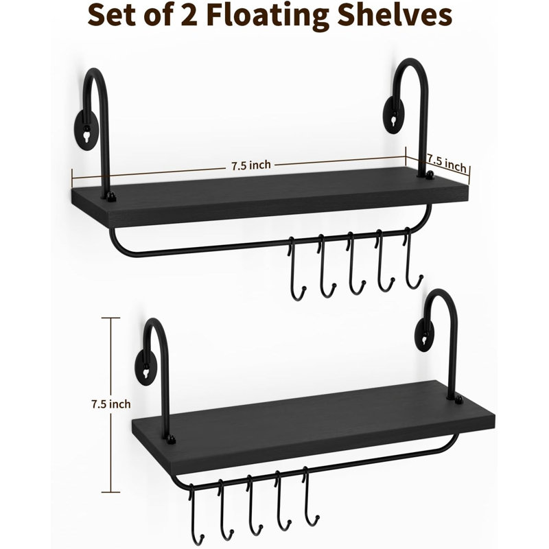 Floating Wall Shelves With Adjustable Hooks For Kitchen, Bathroom, Or Coffee Nook - Rustic Storage Shelf Set Of 2 - Durable Pine Wood With Matte Black Metal Brackets