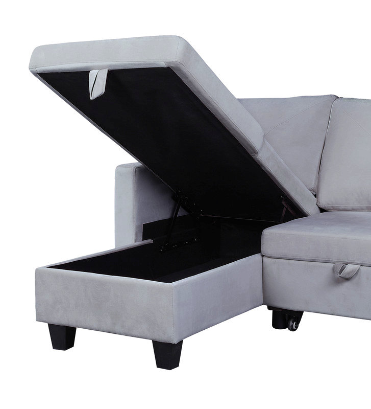Canapé-lit modulaire réversible en velours de 82,5 po avec méridienne de rangement, Velours gris clair