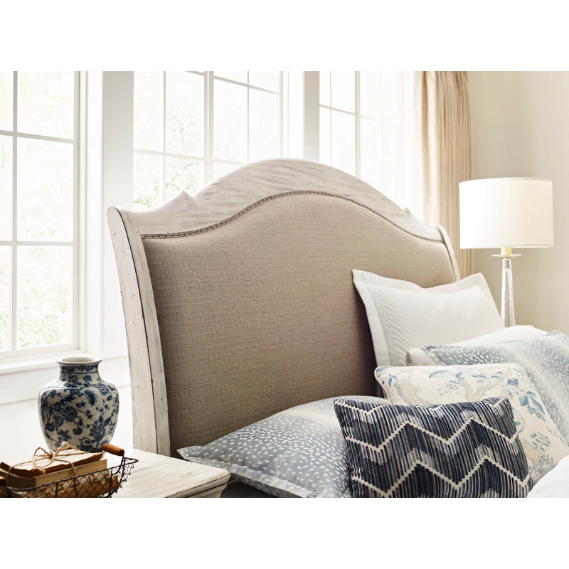 Queen Beige Upholstered Wood Frame Scalloped Bed