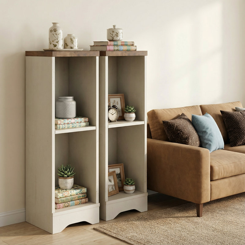 2 Pack Of Small End Table For Living Room,31.9" Wood Sofa Side Table With 4 Open Storage Space&Adjustable Shelf For Bedroon, Hallyway,Cream White