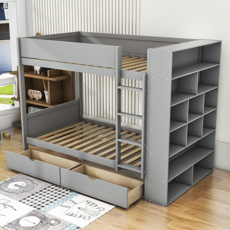 Janiera 2 Drawer Standard Bunk Bed with Bookcase by Harriet Bee, Twin Over Twin, Grey