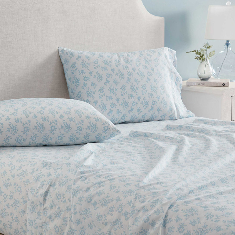 Martha Stewart Printed Cotton Percale Sheet Set, King Sheet Set with 2 Pillowcases, White Floral
