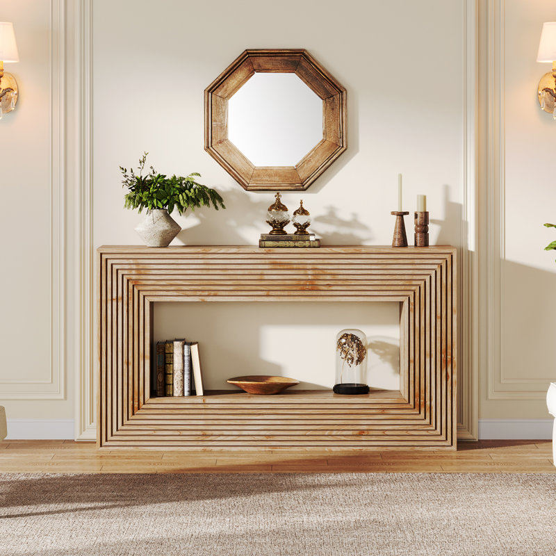 59-Inch Long Console Table,Natural Sofa Table with Storage for Entryway, Natural Wood