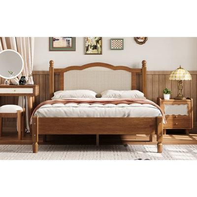 Walnut Finish Wooden Platform Bed With Attractive Headboard, Bedroom Style Natural Minimalist Design For