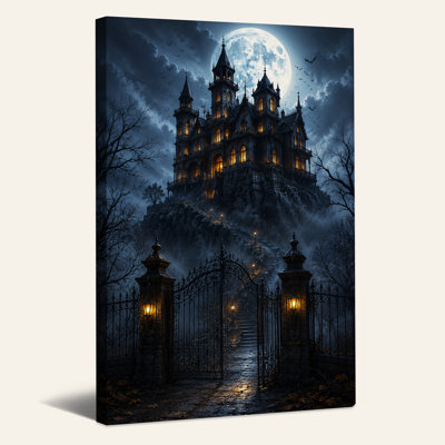 Château gothique sombre sous une grande pleine lune avec une toile murale d'Halloween